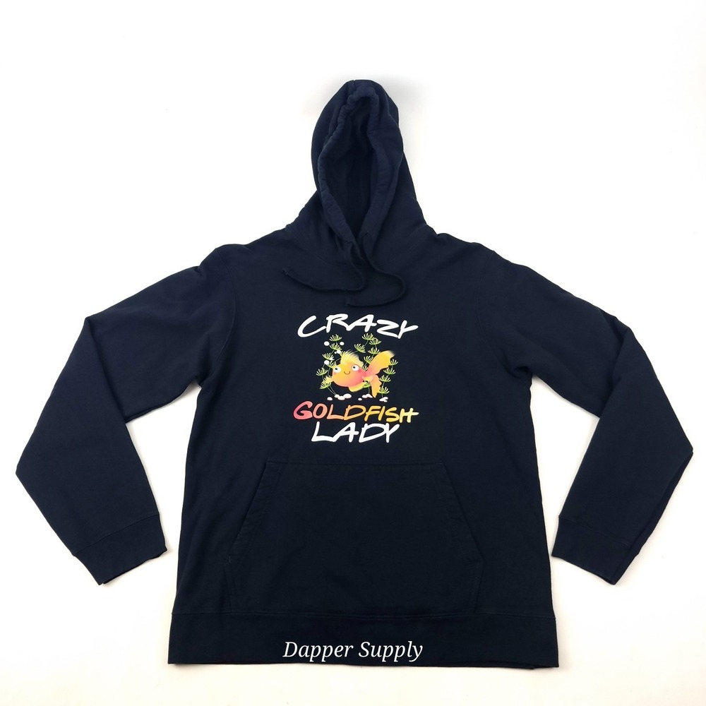 Port & Company Pullover Hoodie Medium Pockets Crazy Gold Fish Lady Black